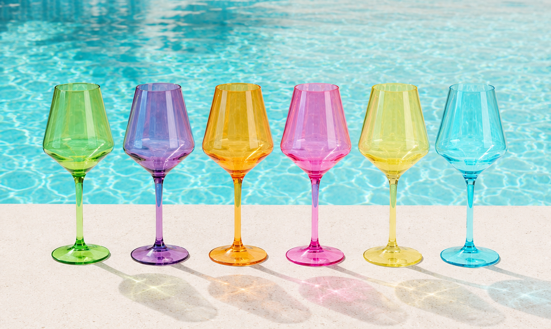 Six colorful translucent wine glasses in green, purple, orange, pink, yellow, and blue, lined up on a white poolside deck with a swimming pool and palm shadows in the background.